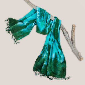 Anuket Tie Dye Scarf in Teal + Green Wrap w/ Fringe by Akasha Sun Hand-Dyed